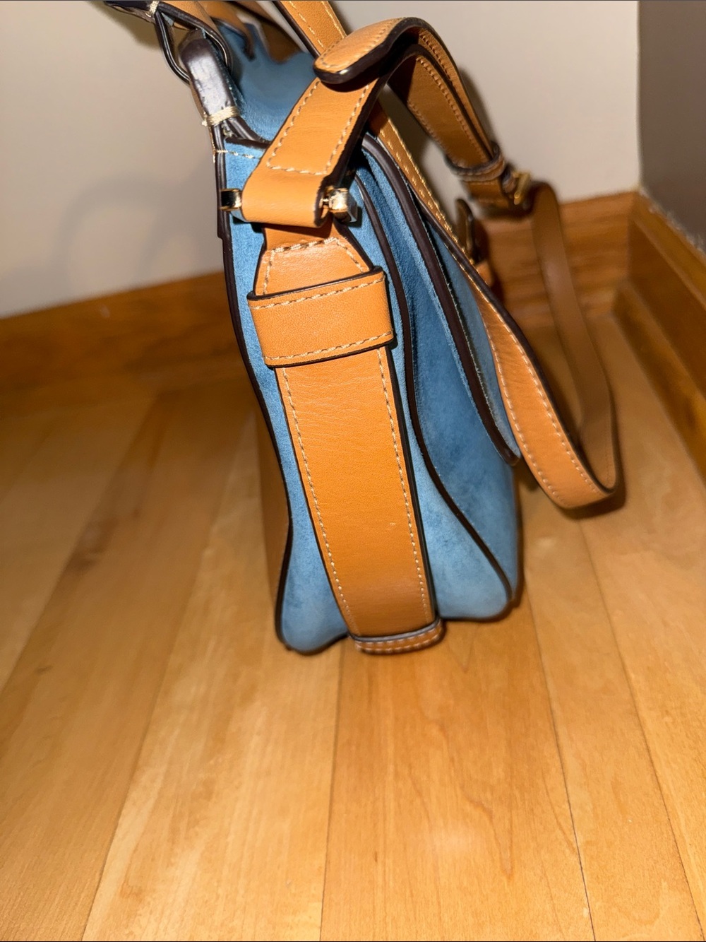 Michael Kors Romy Blue Suede Satchel with Tan Leather Trim and Strap - Picture 7 of 8